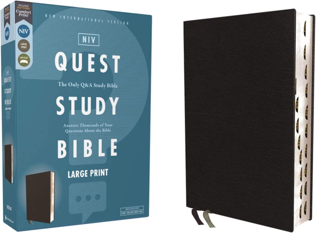 NIV, Quest Study Bible, Large Print, Bonded Leather, Black, Thumb Indexed, Comfort Print: The Only Q and A Study Bible by Christianity Today Intl. | barcode:9780310465829 | source:'9780310465829.jpg