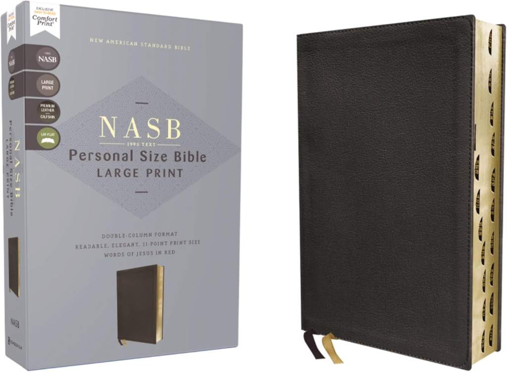 NASB, Personal Size Bible, Large Print, Genuine Leather, Calfskin, Black, Red Letter, 1995 Text, Thumb Indexed, Comfort Print by Zondervan | barcode:9780310465997 | source:'9780310465997.jpg