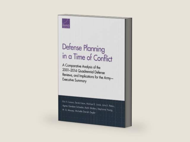 Defense Planning in a Time of Conflict: A Comparative Analysis of the 2001–2014 Quadrennial Defense Reviews, and Implications for the Army―Executive Summary by Eric V. Larson | barcode:9780833099754 | source:'9780833099754-right-three-quarter.jpg