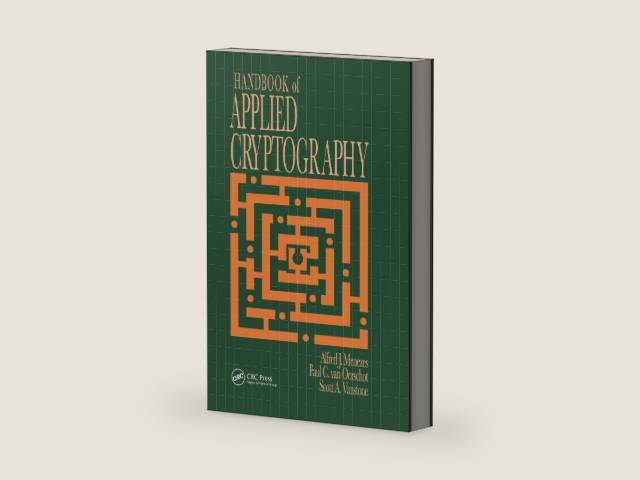 Handbook of Applied Cryptography (Discrete Mathematics and Its Applications) by Alfred J. Menezes | barcode:9780849385230 | source:'9780849385230-right-three-quarter.jpg
