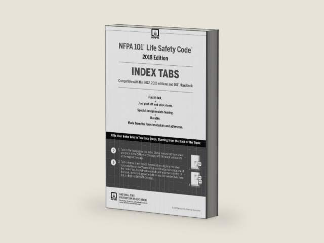 NFPA 101: Life Safety Code Tabs (compatible with 2018, 2015 or 2012 edition) by National Fire Protection Association (NFPA) | barcode:9781455918713 | source:'9781455918713-right-three-quarter.jpg