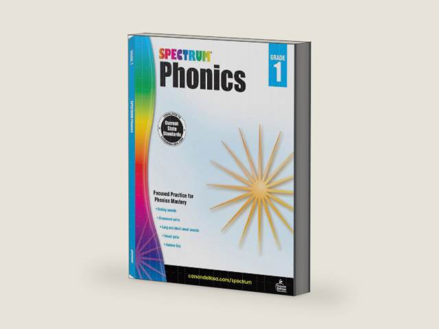 Spectrum 1st Grade Phonics Workbooks, Vowel, Consonant, and Ending Sounds and Pairs, Letters, Words, and Sentence Writing Practice, Classroom or Homeschool Curriculum by Spectrum | barcode:9781483811826 | source:'9781483811826-right-three-quarter.jpg