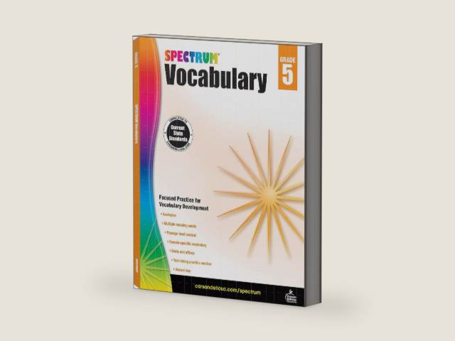 Spectrum 5th Grade Vocabulary Workbooks, Ages 10 to 11, Grade 5 Vocabulary, Reading Comprehension Context Clues, Vocabulary Analogies, Multiple-Meaning Words, Roots and Affixes - 160 Pages by Spectrum | barcode:9781483811932 | source:'9781483811932-right-three-quarter.jpg