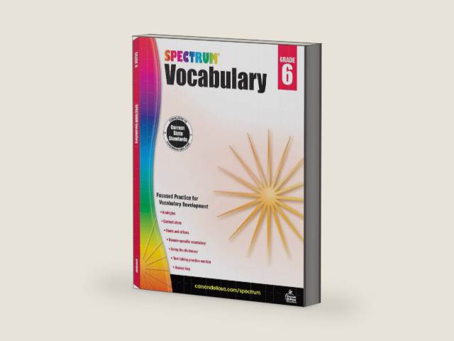 Spectrum Grade 6 Vocabulary Workbooks, Ages 11 to 12, 6th Grade Vocabulary Workbook, Vocabulary Analogies, Dictionary Skills, Roots and Affixes, and Context Clues - 160 Pages by Spectrum | barcode:9781483811949 | source:'9781483811949-right-three-quarter.jpg
