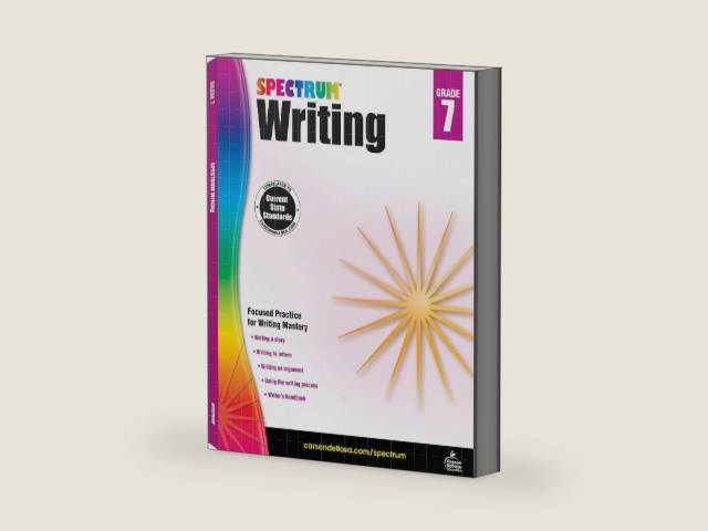 Spectrum 7th Grade Writing Workbooks, Ages 12 to 13, 7th Grade Writing, Informative, Argumentative, Comparative, and Fiction Story Writing Prompts, Writing Practice for Kids - 136 Pages by Spectrum | barcode:9781483812021 | source:'9781483812021-right-three-quarter.jpg