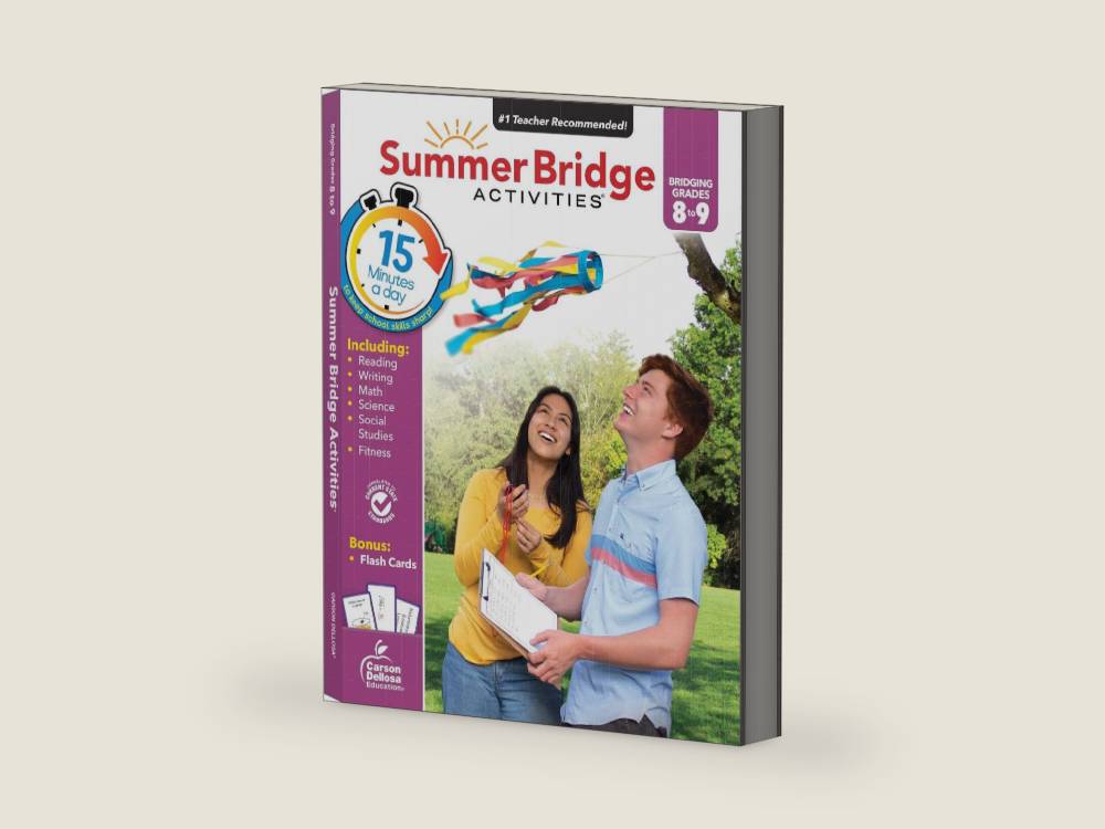Summer Bridge Activities 8th to 9th Grade Workbooks All Subjects, Middle School Books With Math, Reading Comprehension, Science, Fitness, Social Studies, Writing Practice, and Flash Cards by Summer Bridge Activities | barcode:9781483866000 | source:'9781483866000-right-three-quarter.jpg