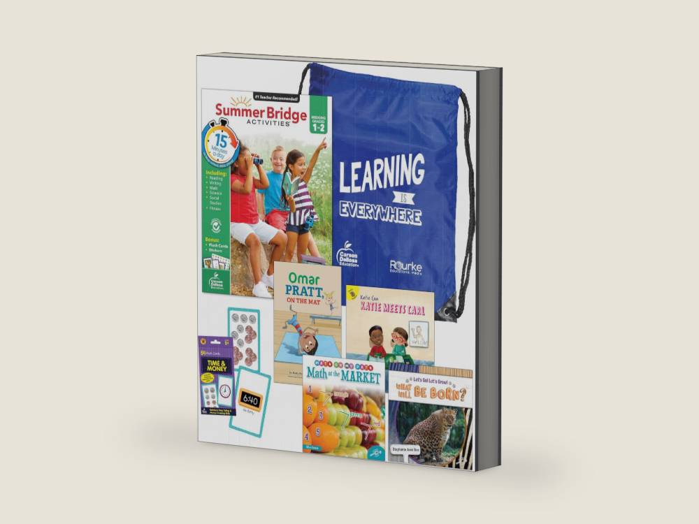 Summer Bridge Activities 1-2 Bundle, Ages 6-7, Math, Language Arts, Reading, and Science Summer Learning 2nd Grade Workbooks All Subjects, Time and Money Flash Cards, Children's Books, Drawstring Bag by Rourke Educational Media | barcode:9781483869377 | source:'9781483869377-right-three-quarter.jpg