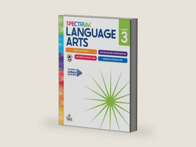 Spectrum Language Arts 3rd Grade Workbooks, ELA Activity Book for Kids Ages 8-9, Parts of Speech, Sentence Structure, English Grammar, Vocabulary, Spelling and More, Classroom or Homeschool Curriculum by Spectrum | barcode:9781483871370 | source:'9781483871370-right-three-quarter.jpg