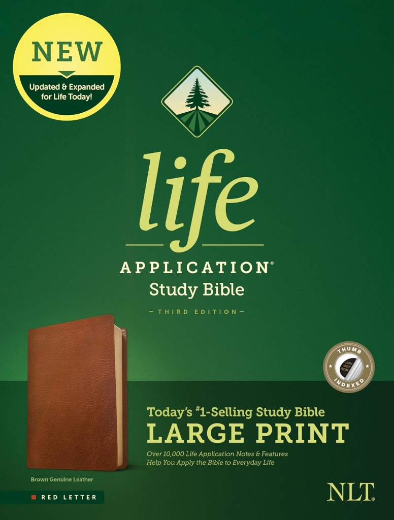 NLT Life Application Study Bible, Third Edition, Large Print (Genuine Leather, Brown, Indexed, Red Letter) by New Living Translation | barcode:9781496446893 | source:'9781496446893.jpg