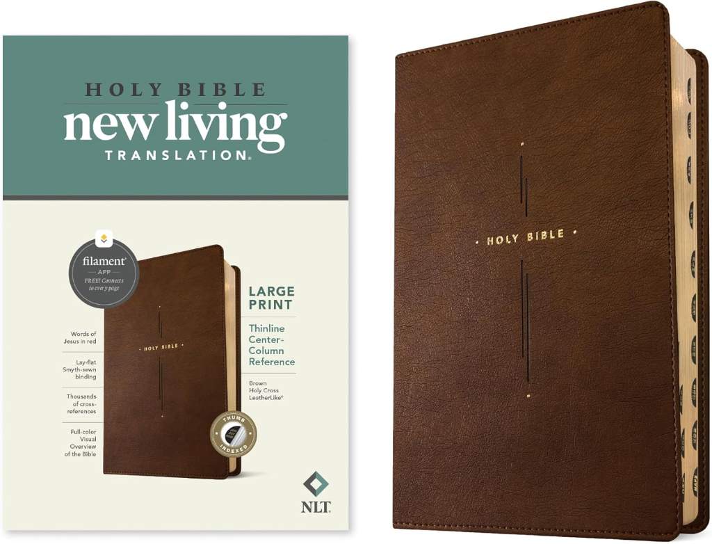 NLT Large Print Thinline Center-Column Reference Bible, Filament Enabled (LeatherLike, Brown Holy Cross, Indexed, Red Letter) by New Living Translation | barcode:9781496489937 | source:'9781496489937.jpg