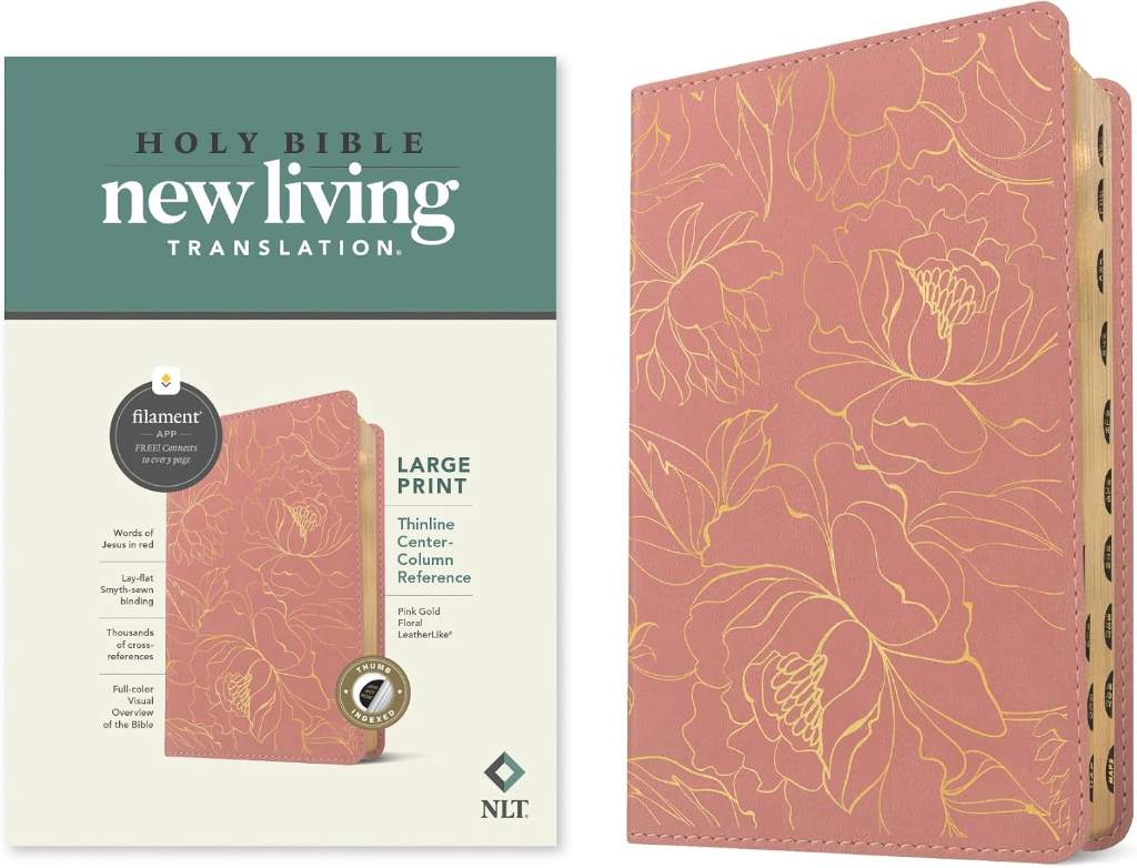 NLT Large Print Thinline Center-Column Reference Bible, Filament Enabled (LeatherLike, Pink Gold Floral, Indexed, Red Letter) by New Living Translation | barcode:9781496489975 | source:'9781496489975.jpg