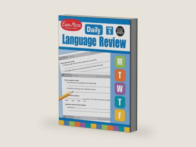 Evan-Moor Daily Language Review, Grade 5, Activities, Homeschooling and Classroom Resource Workbook, Reproducible Worksheets, Teacher Edition, Daily Practice, Skills Assessment, Grammar, Punctuation by Evan-Moor | barcode:9781557996596 | source:'9781557996596-right-three-quarter.jpg