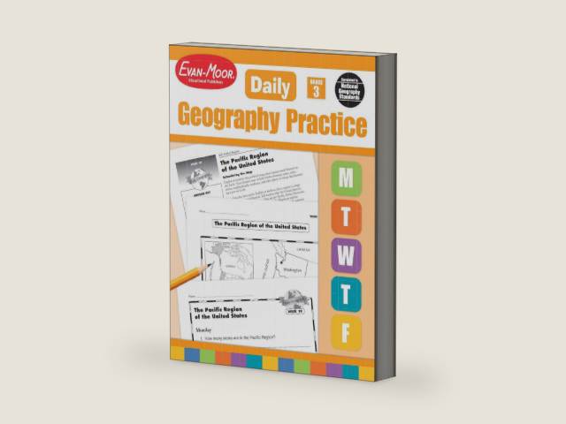 Evan-Moor Daily Geography Practice, Grade 3, Homeschooling and Classroom Resource Workbook, Reproducible Worksheets, Teaching Edition, USA, World, Continents, Oceans, Countries by Evan-Moor Educational Publishers | barcode:9781557999726 | source:'9781557999726-right-three-quarter.jpg