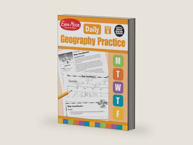 Evan-Moor Daily Geography Practice, Grade 6, Homeschooling and Classroom Resource Workbook, Reproducible Worksheets, Teaching Edition, USA, World, Continents, Oceans, Countries by Evan-Moor Educational Publishers | barcode:9781557999757 | source:'9781557999757-right-three-quarter.jpg
