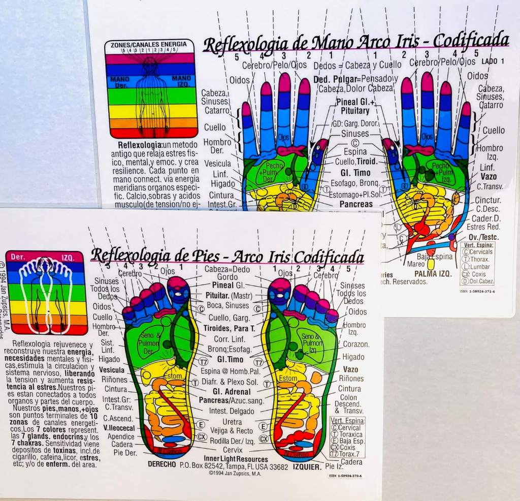 Set: 2 CHARTS: REFLEXOLOGIA de PIES & MANOS-Arco Iris® Codificada (SPANISH REFLEXOLOGY- Rainbow® FOOT & HAND Acupressure Massage- Spanish Edition). ... 8.5x11 in. (Small Poster/ Large Cards) by Yshkeyna Hamilla MA. | barcode:9781589243729 | source:'9781589243729.jpg