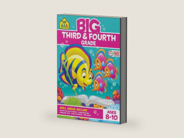 School Zone Big Third & Fourth Grade Workbook: 320 Pages, 3rd Grade, 4th Grade, Multiplication & Division, Word Problems, Geography, Language Arts, Cursive Writing, Ages 8-10 by School Zone | barcode:9781589470170 | source:'9781589470170-right-three-quarter.jpg