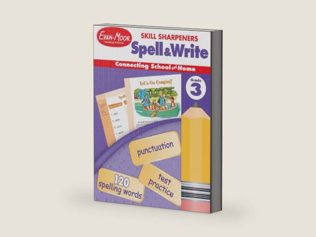 Evan-Moor Skill Sharpeners Spell and Write Workbook, Grade 3, 120 Spelling Words, Test Prep, Word Families, Short Vowels, Grammar, Punctuation, Creative Writing, Vocabulary, Activities, Homeschool by Evan-Moor Educational Publishers | barcode:9781596730472 | source:'9781596730472-right-three-quarter.jpg