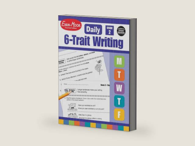 Evan-Moor Daily 6-Trait Writing, Grade 2, Homeschool and Classroom Resource Workbook, Reproducible Worksheets, Teaching Edition, Lesson Plans, Ideas, Organization, Word Choice, Sentence Fluency, Voice by Evan-Moor Educational Publishers | barcode:9781596732872 | source:'9781596732872-right-three-quarter.jpg