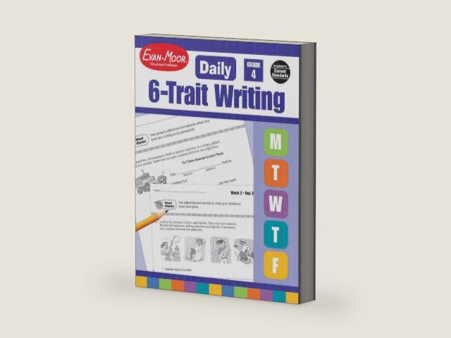 Evan-Moor Daily 6-Trait Writing, Grade 4, Homeschool and Classroom Resource Workbook, Reproducible Worksheets, Teaching Edition, Lesson Plans, Ideas, Organization, Word Choice, Sentence Fluency, Voice by Evan-Moor Educational Publishers | barcode:9781596732889 | source:'9781596732889-right-three-quarter.jpg