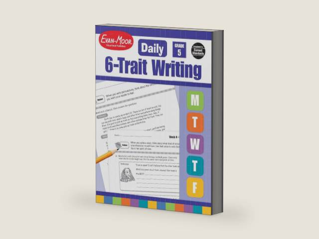 Evan-Moor Daily 6-Trait Writing, Grade 5 Homeschool and Classroom Resource Workbook, Reproducible Worksheets, Teaching Edition, Lesson Plans, Ideas, Organization, Word Choice, Sentence Fluency, Voice by Evan-Moor Educational Publishers | barcode:9781596732988 | source:'9781596732988-right-three-quarter.jpg