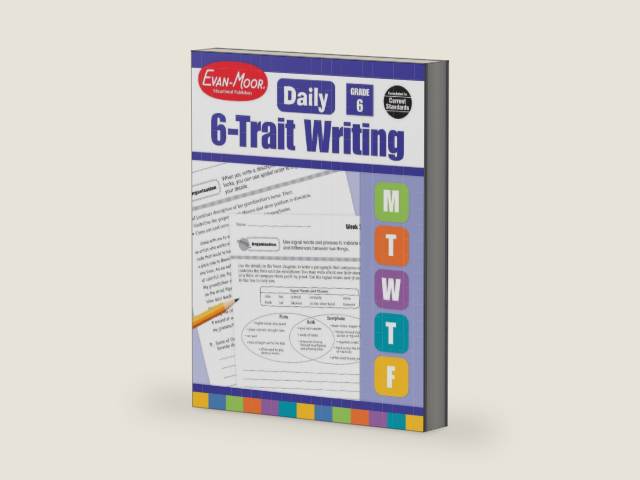 Evan-Moor Daily 6-Trait Writing, Grade 6 Homeschool and Classroom Resource Workbook, Reproducible Worksheets, Teaching Edition, Lesson Plans, Ideas, Organization, Word Choice, Sentence Fluency, Voice by Evan-Moor Educational Publishers | barcode:9781596732995 | source:'9781596732995-right-three-quarter.jpg