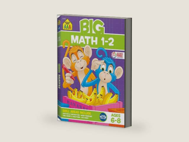 School Zone Big Math 1-2 Workbook: 320 Pages, 1st Grade, 2nd Grade, Elementary Math, Addition, Subtraction, Word Problems, Time, Money, Fractions, Ages 6 to 8 by School Zone | barcode:9781601590152 | source:'9781601590152-right-three-quarter.jpg