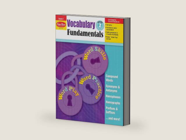 Evan-Moor Vocabulary Fundamentals, Grade 2 Homeschool and Classroom Resource, Reproducible Worksheets, Compound Words, Synonyms, Antonyms, Homophones, Homographs, Prefixes, Word Skills, Practice, Play by Evan-Moor Educational Publishers | barcode:9781608236596 | source:'9781608236596-right-three-quarter.jpg