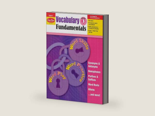 Evan-Moor Vocabulary Fundamentals, Grade 3 Homeschool and Classroom Resource, Reproducible Worksheets, Compound Words, Synonyms, Antonyms, Homophones, Homographs, Prefixes, Root Words, Idioms by Evan-Moor Educational Publishers | barcode:9781608236602 | source:'9781608236602-right-three-quarter.jpg