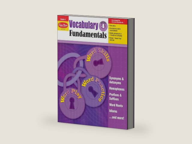 Evan-Moor Vocabulary Fundamentals, Grade 4 Homeschool and Classroom Resource, Reproducible Worksheets, Compound Words, Synonyms, Antonyms, Homophones, Homographs, Prefixes, Root Words, Idioms by Evan-Moor Educational Publishers | barcode:9781608236619 | source:'9781608236619-right-three-quarter.jpg
