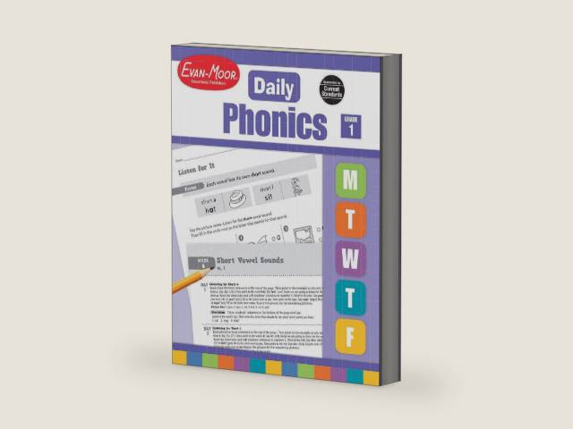 Evan-Moor Daily Phonics, Grade 1, Homeschooling & Classroom Resource Workbook. Phonemic Awareness, Decoding, Word-Study, Teaching Editions, Reproducible Worksheets by Evan-Moor Educational Publishers | barcode:9781609634414 | source:'9781609634414-right-three-quarter.jpg