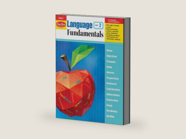 Evan-Moor Language Fundamentals, Grade 2, Homeschool and Classroom Resource Workbook, Reproducible Worksheets, Nouns, Verbs, Adjectives, Pronouns, Capitalization, Punctuation, Spelling, Vocabulary by Evan-Moor Educational Publishers | barcode:9781629382180 | source:'9781629382180-right-three-quarter.jpg