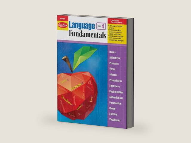 Evan-Moor Language Fundamentals, Grade 4, Homeschool and Classroom Resource Workbook, Reproducible Worksheets, Nouns, Verbs, Adjectives, Pronouns, Capitalization, Punctuation, Spelling, Vocabulary by Evan-Moor Educational Publishers | barcode:9781629382203 | source:'9781629382203-right-three-quarter.jpg
