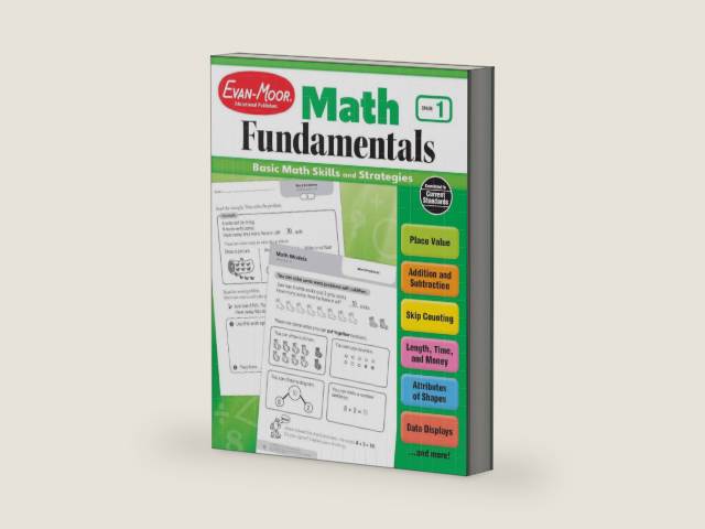 Evan-Moor Math Fundamentals Workbook, Teacher Reproducibles, 224 Pages, Grade 1 by Evan-Moor Educational Publishers | barcode:9781629383279 | source:'9781629383279-right-three-quarter.jpg
