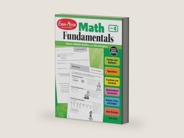 Evan-Moor Math Fundamentals Workbook, Teacher Reproducibles, 224 Pages, Grade 4 by Evan-Moor Educational Publishers | barcode:9781629383309 | source:'9781629383309-right-three-quarter.jpg