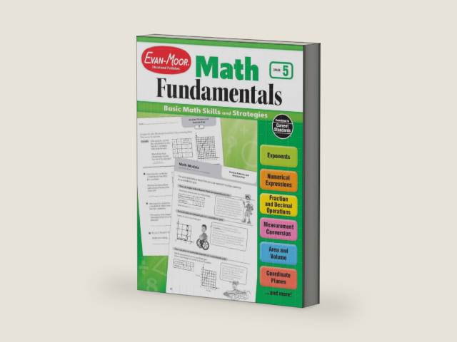 Evan-Moor Math Fundamentals Workbook, Teacher Reproducibles, 224 Pages, Grade 5 by Evan-Moor | barcode:9781629383316 | source:'9781629383316-right-three-quarter.jpg