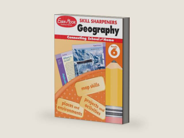 Evan-Moor Skill Sharpeners Geography Workbook, Grade 6, Fun Projects and Activities, Map Skills, Continents, Oceans, Mountains, Rivers, Lakes, Habitats, Reading Comprehension, Writing, Homeschool by Evan-Moor Educational Publishers | barcode:9781629384733 | source:'9781629384733-right-three-quarter.jpg