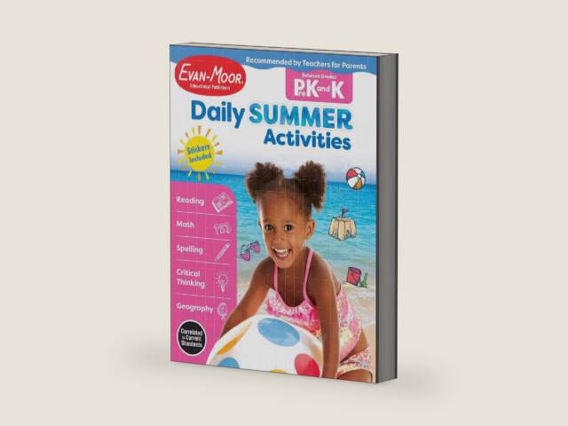 Evan-Moor Daily Summer Activities, Grades PreK-K Workbook, Stickers, Prevent Learning Loss, Reading, Writing, Math, Alphabet, Letter Recognition, Numbers, Counting, Shapes, Colors, Learning Fun by Evan-Moor Educational Publishers | barcode:9781629384825 | source:'9781629384825-right-three-quarter.jpg
