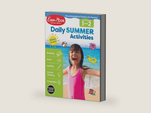 Evan-Moor Daily Summer Activities, Grade 1-2 Workbook, Stickers, Prevent Learning Loss, Reading, Writing, Math, Phonics, Spelling, Nouns, Verbs, Synonyms, Handwriting, Word Problems, Geography, Maps by Evan-Moor Educational Publishers | barcode:9781629384849 | source:'9781629384849-right-three-quarter.jpg