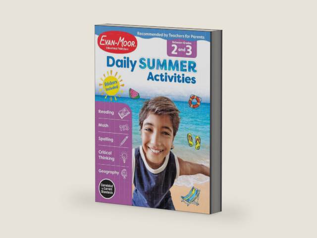 Evan-Moor Daily Summer Activities, Grade 2-3 Workbook, Stickers, Prevent Learning Loss, Reading Comprehension, Writing, Contractions, Math, Word Problems, Subtraction, Multiplication, Geography, Maps by Evan-Moor Educational Publishers | barcode:9781629384856 | source:'9781629384856-right-three-quarter.jpg