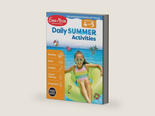 Evan-Moor Daily Summer Activities, Grade 4-5 Workbook, Stickers, Prevent Learning Loss, Reading Comprehension, Writing, Math, Grammar, Punctuation, Spelling, Multiplication, Fractions, Geography, Maps by Evan-Moor Educational Publishers | barcode:9781629384870 | source:'9781629384870-right-three-quarter.jpg