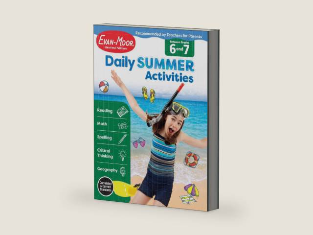 Evan-Moor Daily Summer Activities, Grade 6-7 Workbook, Prevent Learning Loss, Reading Comprehension, Writing, Math, Grammar, Punctuation, Spelling, Multiplication, Division, Fractions, Geography, Maps by Evan-Moor Educational Publishers | barcode:9781629384894 | source:'9781629384894-right-three-quarter.jpg