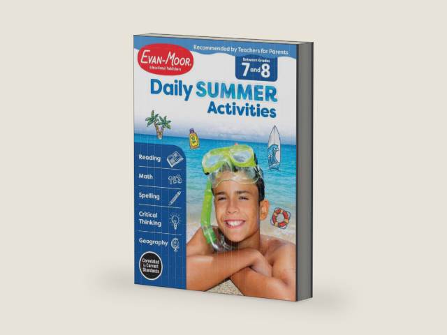 Evan-Moor Daily Summer Activities, Grade 7-8 Workbook, Prevent Learning Loss, Reading Comprehension, Writing, Math, Grammar, Punctuation, Spelling, Division, Decimals, Fractions, Geography, Map Skills by Evan-Moor Educational Publishers | barcode:9781629384900 | source:'9781629384900-right-three-quarter.jpg