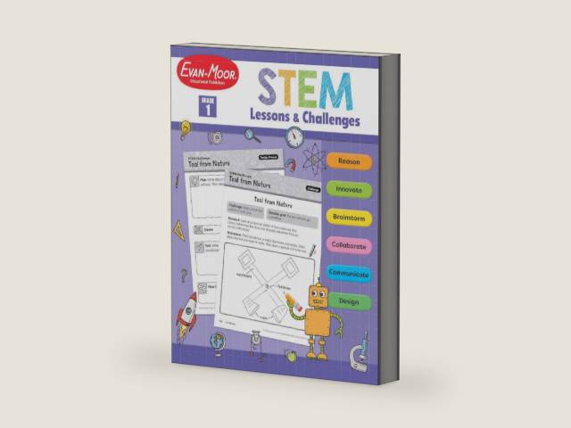 Evan-Moor Stem Lessons and Challenges, Grade 1 Homeschooling & Classroom Resource Workbook, Life, Earth and Physical Science Problem Solving, Peer Collaboration, Real-World, Visual Literacy, Printable by Evan-Moor Educational Publishers | barcode:9781629388618 | source:'9781629388618-right-three-quarter.jpg