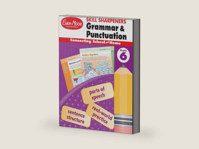 Evan-Moor Skill Sharpeners Grammar and Punctuation Workbook, Grade 6, Nouns, Verbs, Sentence Structure, Subject, Predicate, Language Handbook, Real-World Practice, Fun Activities, Homeschool, Practice by Evan-Moor Educational Publishers | barcode:9781629388748 | source:'9781629388748-right-three-quarter.jpg