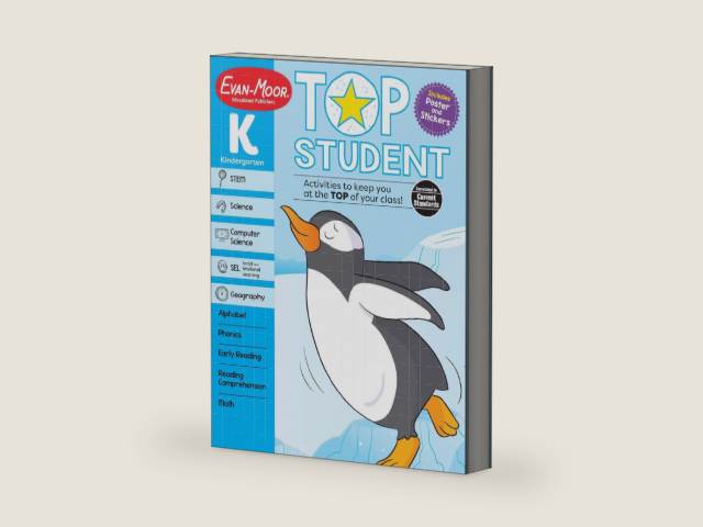 Evan-Moor Top Student Kindergarten Full-color Workbook, Reward Stickers, Alphabet, Math, SEL, Reading Comprehension, Computer Science, Mindful Moments with Audio by Evan-Moor Educational Publishers | barcode:9781629389745 | source:'9781629389745-right-three-quarter.jpg