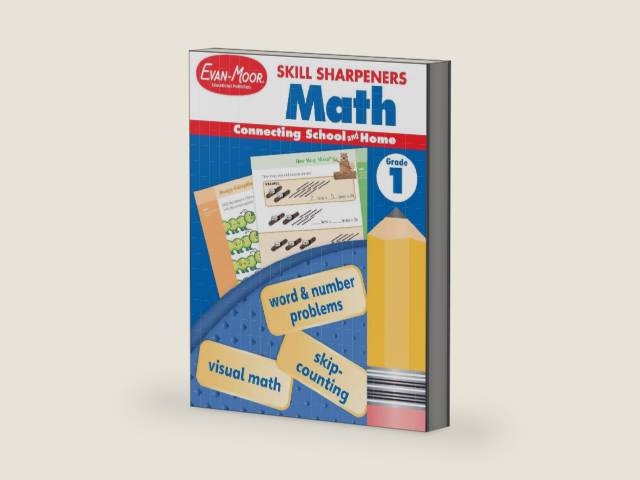 Evan-Moor Skill Sharpeners Math Workbook, Grade 1, Addition, Subtraction, Counting to 100, Test Prep, Number Words, Geometry, Measurements, Data, Place Value, Tell Time, Metric System, Fun Activities by Evan-Moor Educational Publishers | barcode:9781629389868 | source:'9781629389868-right-three-quarter.jpg