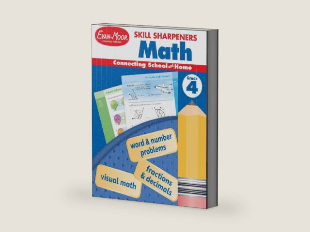 Evan-Moor Skill Sharpeners Math Workbook, Grade 4, Multiplication, Division, Test Prep, Number Sequencing, Geometry, Measurements, Graphing, Fractions, Decimals, Logical Thinking, Algebra, Homeschool by Evan-Moor Educational Publishers | barcode:9781629389899 | source:'9781629389899-right-three-quarter.jpg
