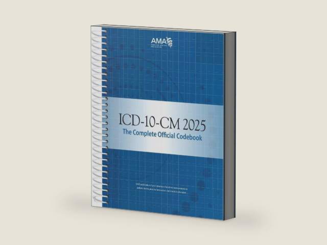 ICD-10-CM 2025: The Complete Official Codebook by American Medical Association | barcode:9781640163102 | source:'9781640163102-right-three-quarter.jpg