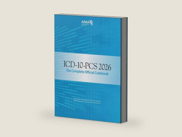 ICD-10-PCs 2026 the Complete Official Codebook by American Medical Association | barcode:9781640163287 | source:'9781640163287-right-three-quarter.jpg