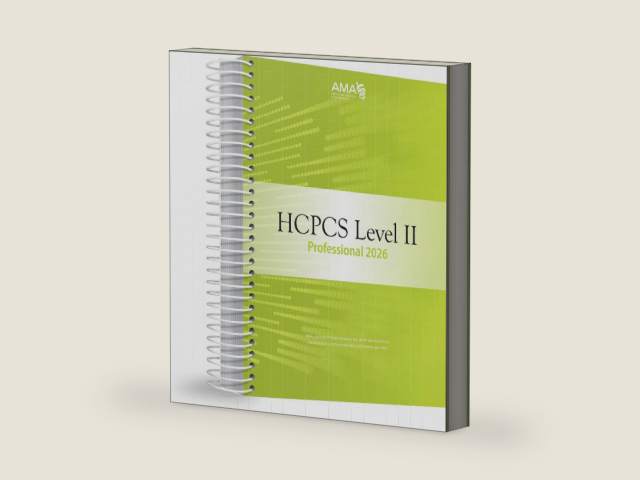 HCPCS 2026 Level II Professional Edition by American Medical Association | barcode:9781640163300 | source:'9781640163300-right-three-quarter.jpg